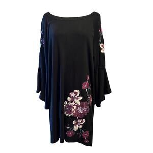 INC Women's Black Embroidered Jeweled Bell Sleeve Dress Purple Floral. Size L-XL